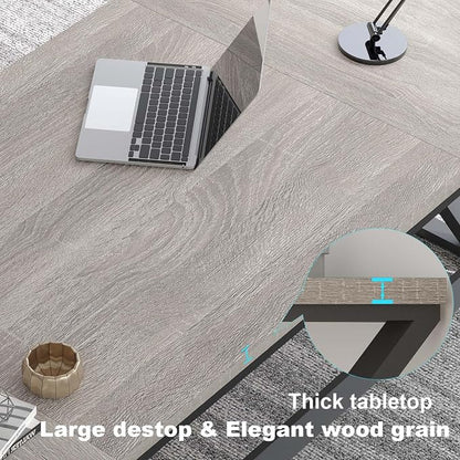 LVB 70.8" Long Office Desk, Modern Large Wood Metal Computer Desk, Industrial Double Workstation Desks for Two People, Rustic PC Executive Work Study Writing Computer Table for Home, Light Grey Oak