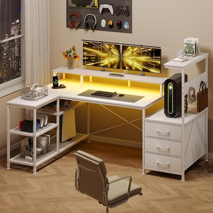 YOMILUVE White Gaming Desk with Drawers & Storage Shelves, L-Shaped Gaming Desk with Power Outlets & LED Light, Reversible Computer Desk with Monitor Stand & Hooks for Home Office