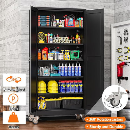 pozdeg 73.6" Metal Garage Storage Cabinets with Wheels, Lockable Rolling File Cabinets with 2 Doors and 5 Adjustable Shelves, Steel Tool Organizer Locker for Office Home Garage Gym School, Black