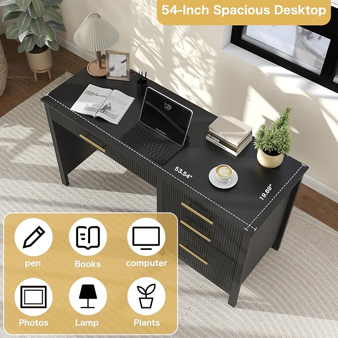 Modern Executive Desk with Drawers: 54 Inch Black Home Office Desks with File Drawer, Wood Fluted Desk with Storage, Writing Computer Desks with 4 Drawers