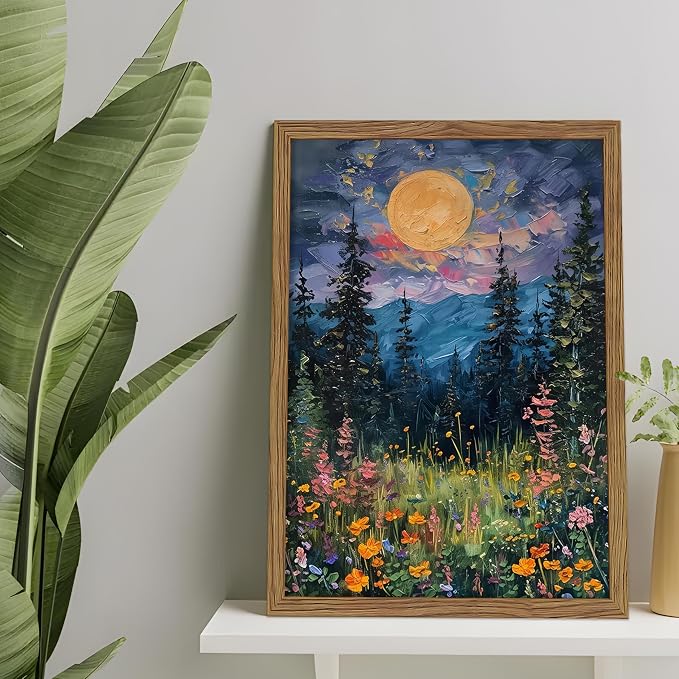 Framed Nature Forest Canvas Wall Art, Full Moon above Wildflowers and Woodland Painting, Midnight Floral Trees Art Print, Farmhouse Nature Wall Decor for Bedroom Living Room 8x10 inch