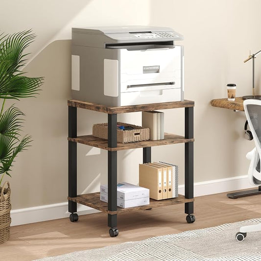 3-Tier Printer Stand with Wheels, Large Under Desk Rolling Cart for Office Storage, Heavy Duty Machine Stand with Adjustable Shelf, 22.04"x17.71"x26.54", Rustic Brown
