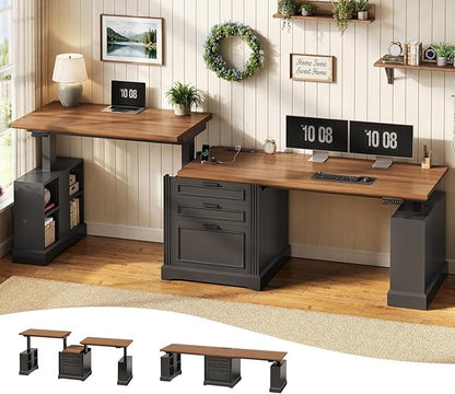 SEDETA Standing Two Person Desk, 98.4'' Farmhouse Long Computer Desk with 3 Drawers, Storage Cabinet, Electric Height Adjustable 2 Person Desk with Power Outlets for Home Office, Black+Brown