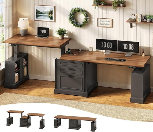 SEDETA Standing Two Person Desk, 98.4'' Farmhouse Long Computer Desk with 3 Drawers, Storage Cabinet, Electric Height Adjustable 2 Person Desk with Power Outlets for Home Office, Black+Brown