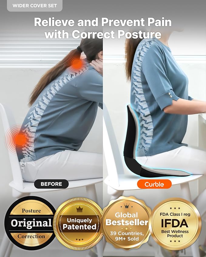curble Wider – Ergonomic Desk Chair Seat Cushion, Everyday Passive Posture Trainer for Work from Home, Office & Car, Breathable Lumbar Support (Grey)