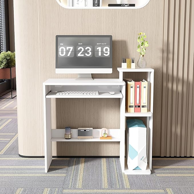 35" Compact Computer Desk with 3-Tier Storage Shelves & Keyboard Tray – Small Study Table for Bedroom or Home Office (White)