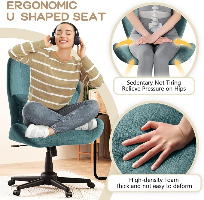 ZZW Criss Cross Chair with Wheels, Wide Cross Legged Office Chair Armless Comfy Desk Chair with Tall Back Vanity Chairs with Stress Relief Curved Design Seat for Bedroom & Office & Home Blue