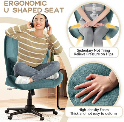 ZZW Criss Cross Chair with Wheels, Wide Cross Legged Office Chair Armless Comfy Desk Chair with Tall Back Vanity Chairs with Stress Relief Curved Design Seat for Bedroom & Office & Home Blue