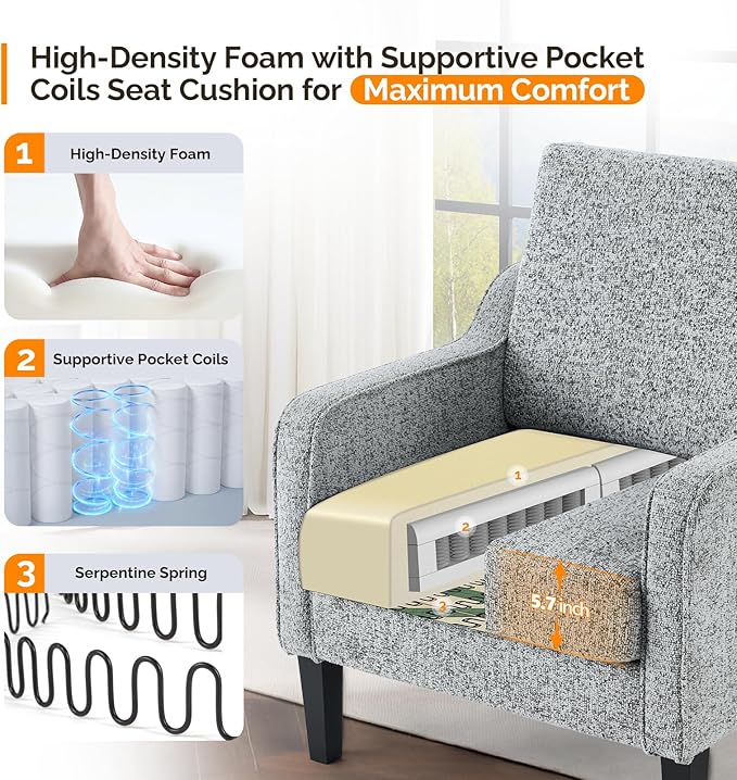 VINGLI Accent Sofa Chair Gray Living Room Chairs Reading Chair for Bedroom Scooped Arm Chair Mid Century Modern Accent Chair Upholstered Comfy Chair for Apartment, Waiting Room