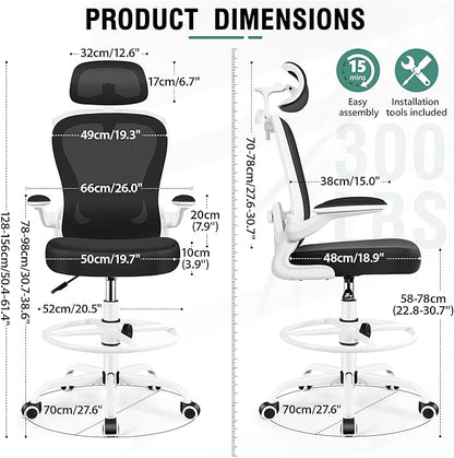 Drafting Chair, Tall Office Chair with 3D Lumbar & Head Support, Ergonomic Mesh Standing Desk Chair with Footring, Comfy Extended High Desk Chair with Flip-Up Arms & Hanger,White