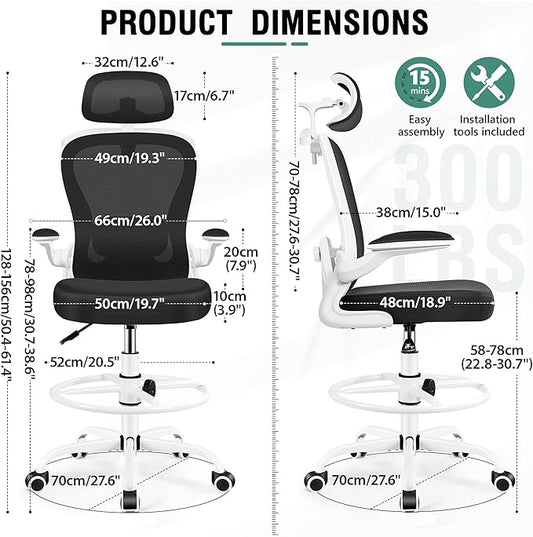 Drafting Chair, Tall Office Chair with 3D Lumbar & Head Support, Ergonomic Mesh Standing Desk Chair with Footring, Comfy Extended High Desk Chair with Flip-Up Arms & Hanger,White