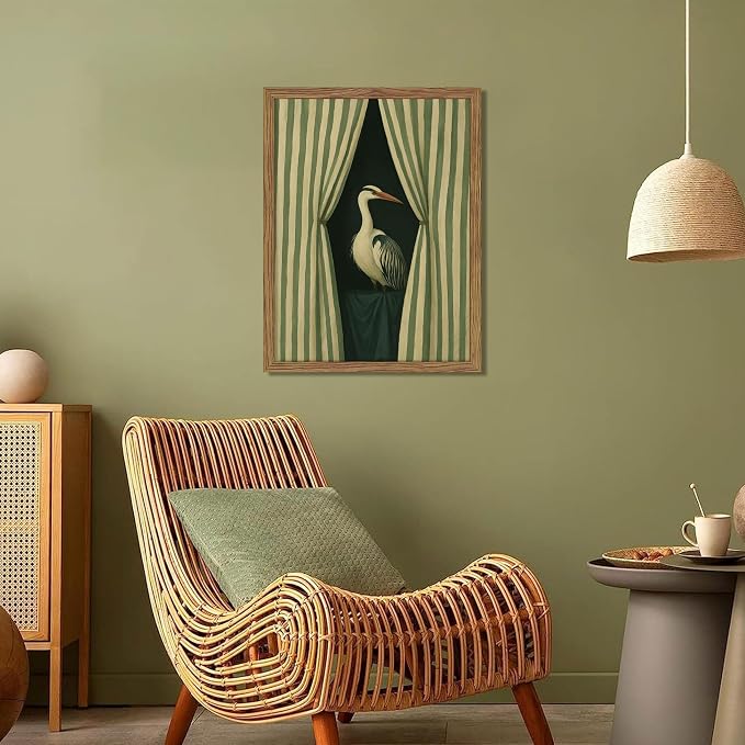 Framed Bird Wall Art, Elegant Heron Canvas Print, Vintage Coastal Bird Wall Decor, Abstract Heron Painting, Striped Curtain Picture Poster Artwork for Living Room Bedroom 8x10 inch