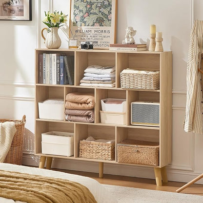 LEYAOYAO 10 Cube Bookshelf,3 Tier Modern Wide Bookcase with Legs,Mid-Century Wood Bookshelves Storage,Light Wood Large Book Case,Freestanding Organizer Display Shelf for Bedroom,Living Room,Office