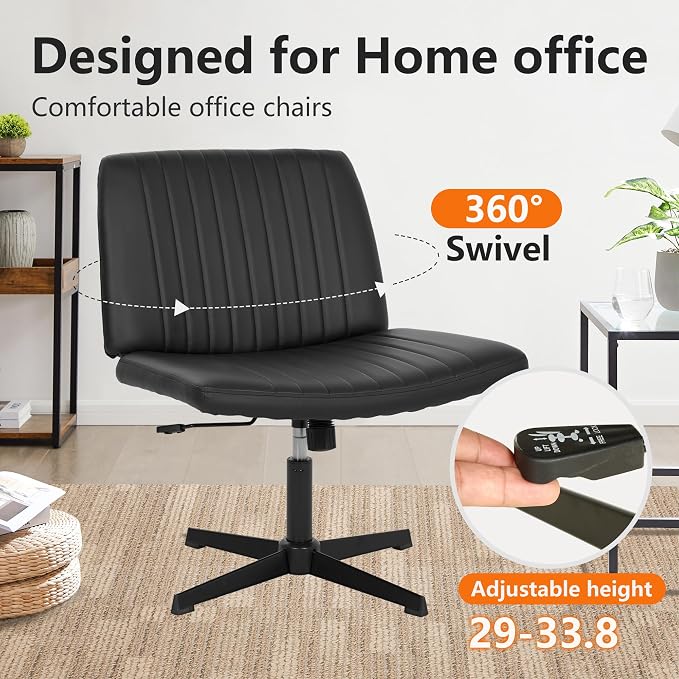 FDW Criss Cross Chair Armless Cross Legged Office Desk Chair Adjustable Swivel Ergonomic Gaming Chair No Wheels Backrest with Wide Seat Native Sponge Computer Task Vanity Chair for Home Office,Black