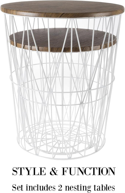 End Tables Set of 2 - Nesting Tables with Removable Wood Tops and Metal Wire Baskets for Blanket Storage - Round Side Furniture for Living Room, Bedroom, or Home Office by Lavish Home (Brown/White)