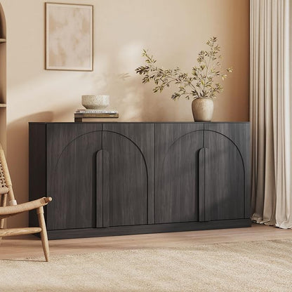 BELLEZE 64" Kitchen Storage Cabinet with Adjustable Shelves, Freestanding Accent Cabinet with Arch Wood Doors for Living Room, Dining Room, Entryway, Ebony