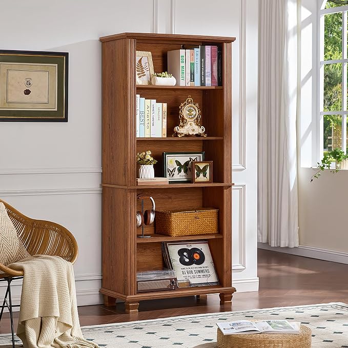 SAVOR LIFE 70" Tall Brown Bookshelf,5 Tier Wooden Book Shelf with Adjustable Shelves & Wood Legs,Free Standing Farmhouse Bookcase with Open Display Storage,Vintage Bookshelves for Classroom, Office