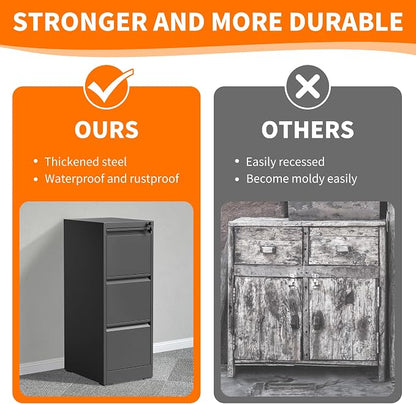 Metal File Cabinet with 3 Drawer Heavy Duty Locking File Cabinets Home Office Steel Black Filing Cabinet with Lock Vertical File Cabinets for Legal/Letter Size File,Assembly Required
