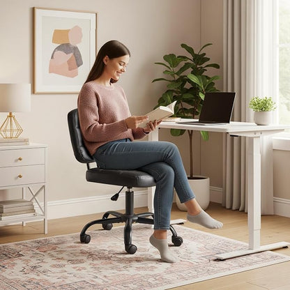 VINGLI Compact Small Desk Chair, Cute Armless Chair with Wheels, Vanity Chair with Low Back, Height Adjustable Task Chair for Small Spaces, Office, Bedroom, Make Up Room, PU Leather, Black
