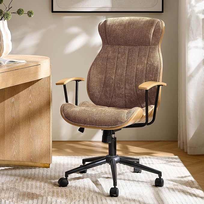 HULALA HOME Solid Wood Office Chair with Tilt Function, Mid Century Modern Bentwood Desk Chair with High Backrest, Height Adjustable Swivel Fabric Computer Task Chair, Camel