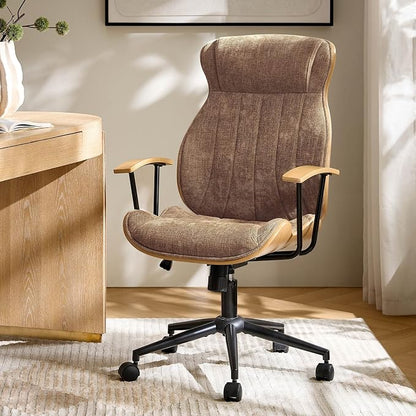 HULALA HOME Solid Wood Office Chair with Tilt Function, Mid Century Modern Bentwood Desk Chair with High Backrest, Height Adjustable Swivel Fabric Computer Task Chair, Camel