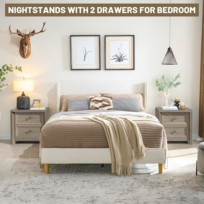 Grey Nightstand Rustic Wood Night Stand for Bedroom Living Room Sofa Couch, Farmhouse Nightstand with 2 Drawers, 22.8” Wide Large Bed Side Table, Bedside End Table with Metal Knob, Gray Color