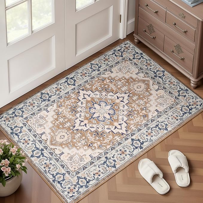 Lofus 2x3 Washable Rug for Entryway Bathroom, Non Slip Kitchen Mats for Floor, Vintage Soft Door Mat Indoor Entrance, Small Area Rugs, Farmhouse Carpet for Entry Living Room Bedroom, Floral Brown
