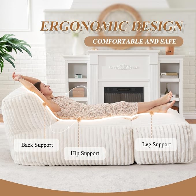 Hobestluk Giant Memory Foam Bean Bag Chairs Sofa for Adults (White,Large) | Soft Fabric,Ergonomic Back Support,Lightweight,Easy Clean,No Assembly,Wear-resisting,For Livingroom Guest room,Well-looking