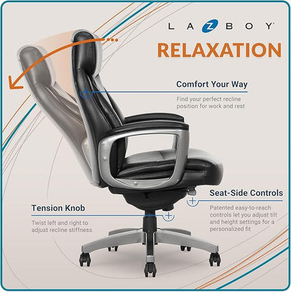 La-Z-Boy Arcadian Ergonomic Executive Chair, Bonded Leather, Black, 29.5D x 28W x 43.25-46.25H inches, 275 lbs Weight Capacity