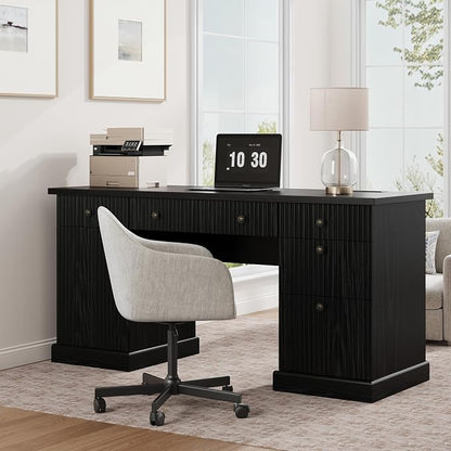 Garvee 60" Office Desk with Storage & Drawers, Fluted Wood Executive Desk with File Drawers & Charging Station, Modern Computer Desk with Adjustable Shelves for Home Office, Black