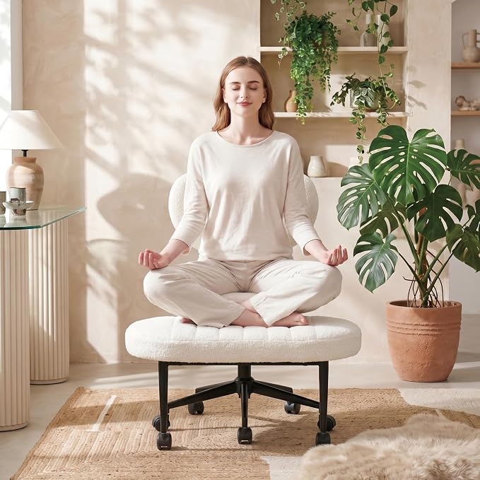 Cross Legged Office Chair with Wheels, 360 Swivel Height-Adjustable Meditation Chair with Lumbar Support, White