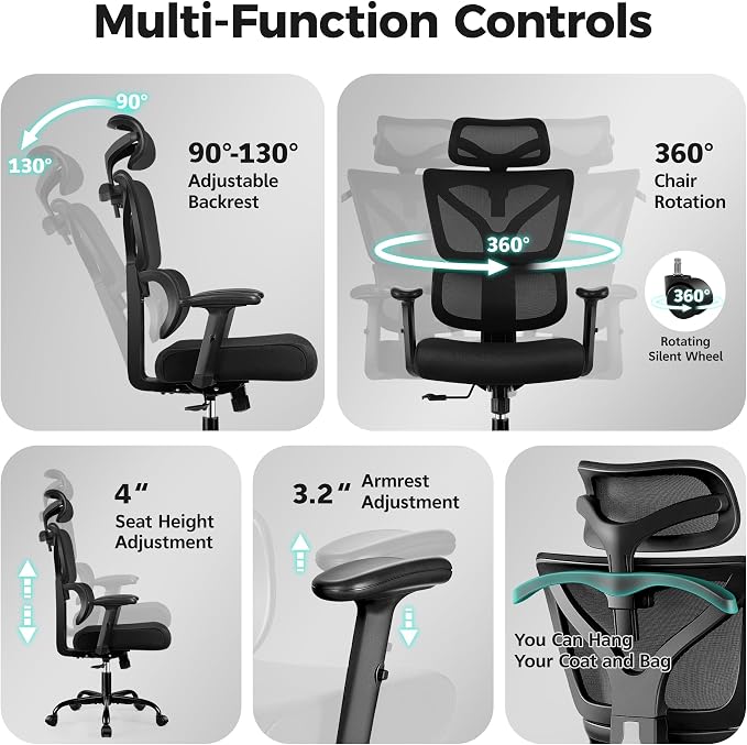 Ergonomic Office Chair High Back Desk Chair with Lumbar Support, Breathable Mesh Computer Chair with Adjustable Armrests Height, Reclining Big and Tall Gaming Chair for Home Office(Black 8Pack)