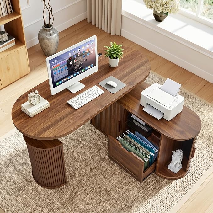 55" L Shaped Standing Desk with Storage, Electric Desk Height Adjustable Executive Desk with File Drawer, Simple Setup Wood Desk Office Sit Stand up Desk for Work, Study, Writing, Walnut