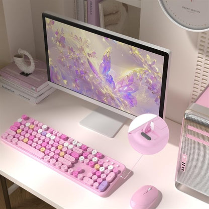 MPTOG Colorful Wireless Computer Keyboard and Mouse Combo with Round Typewriter Keycaps, Retro Design, Power Switch, Ergonomic Design, 2.4GHz Wireless for Windows, Mac, PC(Pink-Colorful)
