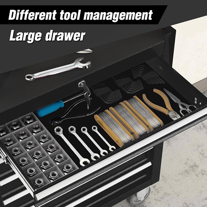 RYH 7 Drawers Rolling Tool Chest & Tool Box on Wheels | Heavy Duty Metal Cart with Ball Bearing Drawers | Fits US General Tool Box for Garage Storage (Black, 7 Drawers（29.6" H × 24.4" W × 13" D)