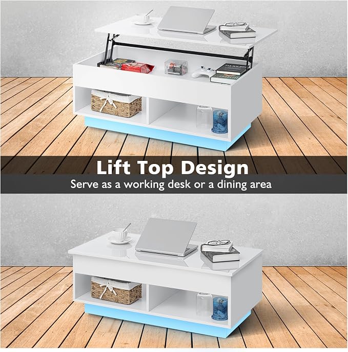 HOMMPA 40" Modern LED Coffee Table with Storage for Living Room, Lift Top Coffee Table with 2 Shelves, High Glossy Wooden Dining Table, Multifunctional Furniture for Bedroom/Home Office, White