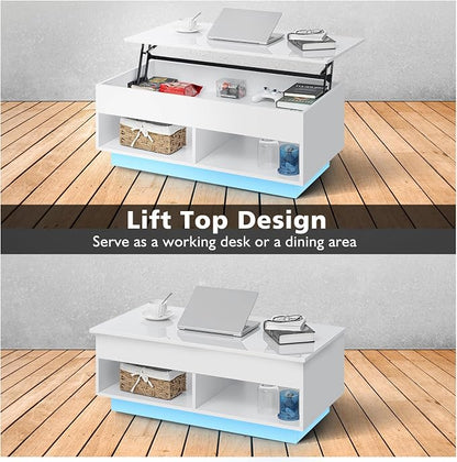 HOMMPA 40" Modern LED Coffee Table with Storage for Living Room, Lift Top Coffee Table with 2 Shelves, High Glossy Wooden Dining Table, Multifunctional Furniture for Bedroom/Home Office, White