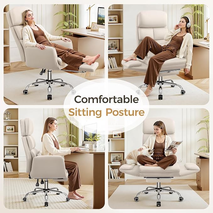 Big and Tall Office Chair 500LBS, Ergonomic High Back Leather Executive Chair, Reclining Swivel with Adjustable Armrests Lumbar Support Footrest, Cross Legged, Beige