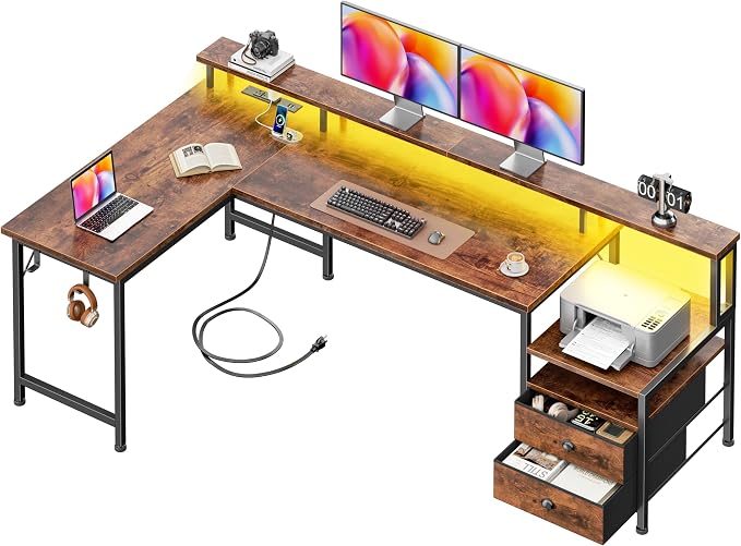 66'' L Shaped Desk with Power Outlets and USB-C Port, Reversible Office Desk with drawers and Storage Shelves, Computer desk with Led Lights and Host stand for Home Office, Gaming, Work, Rustic Brown