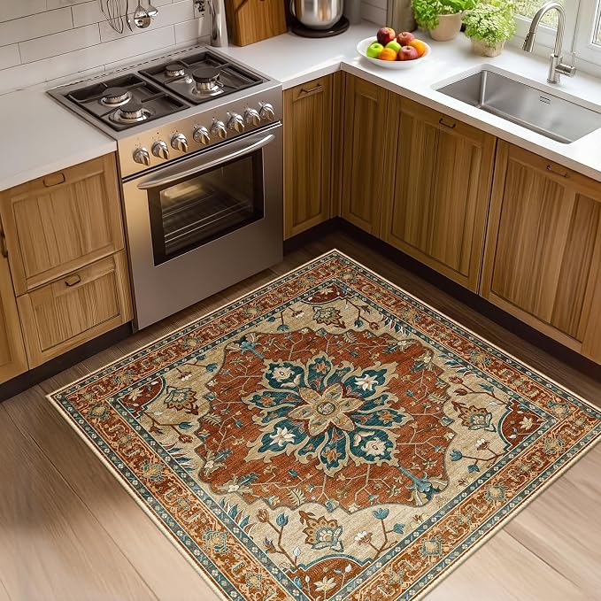 RELEANY Area Rugs Square 4ft Washable Non-Slip, Floral Vintage Distress Medallion Carpet for Living Room Bedroom Dining Room, Red Orange Blue Brown