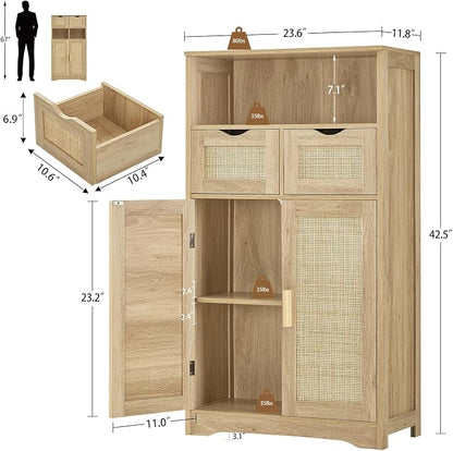 Iwell Storage Cabinet with 2 Drawers & Adjustable Shelves, Rattan Cabinet, Kitchen Pantry Cabinets, Cupboard for Living Room, Kitchen, Home Office, Natural SNG008NR