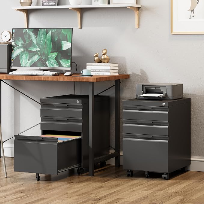 Mobile File Cabinet with Lock,3 Drawer Under Desk Metal Rolling Filing Cabinets for Home Office Organizer A4/Letter/Legal,Easy Assembly,Black
