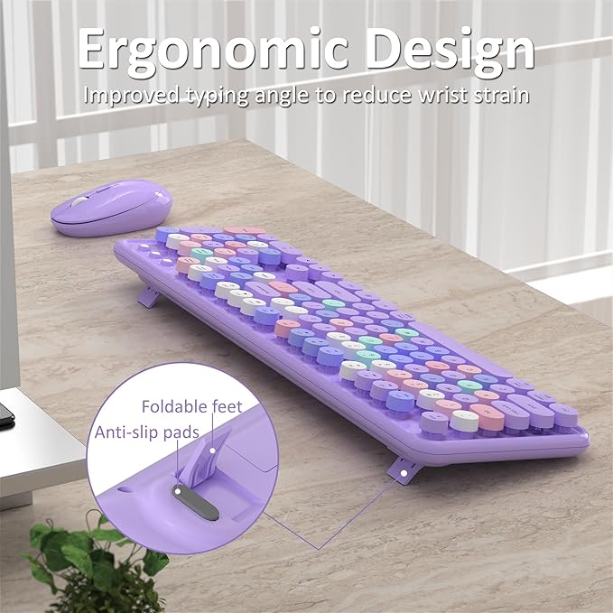 Links9+ Wireless Keyboard and Mouse, Full-Size Retro Typewriter Keyboard with Round Keycaps, 2.4GHz for Windows, Mac, Laptop, PC, Desktop (Purple Colorful)