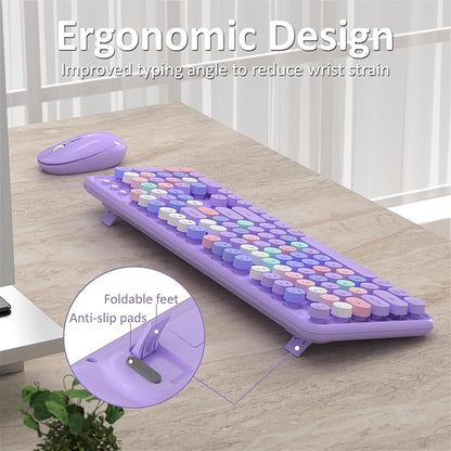 Links9+ Wireless Keyboard and Mouse, Full-Size Retro Typewriter Keyboard with Round Keycaps, 2.4GHz for Windows, Mac, Laptop, PC, Desktop (Purple Colorful)