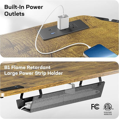 HUANUO 63″ L-Shaped Standing Desk, Built-in Power Outlets, Vintage Brown | Smooth Electric Height Adjustment, 3 Memory Presets, Sturdy Steel Frame, 220 lbs Capacity, Large Power Strip Holder