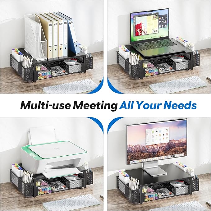Simple Trending Metal Monitor Stand Riser, Drawer & 2 Pen Holders, Black | 2-in-1 Desk Organizer & Monitor Stand | Sturdy Metal | Drawer + Pen Holders | Ergonomic Support | Space Saving | Easy Setup