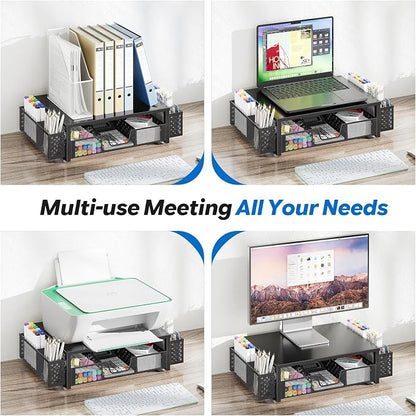 Simple Trending Metal Monitor Stand Riser, Drawer & 2 Pen Holders, Black | 2-in-1 Desk Organizer & Monitor Stand | Sturdy Metal | Drawer + Pen Holders | Ergonomic Support | Space Saving | Easy Setup