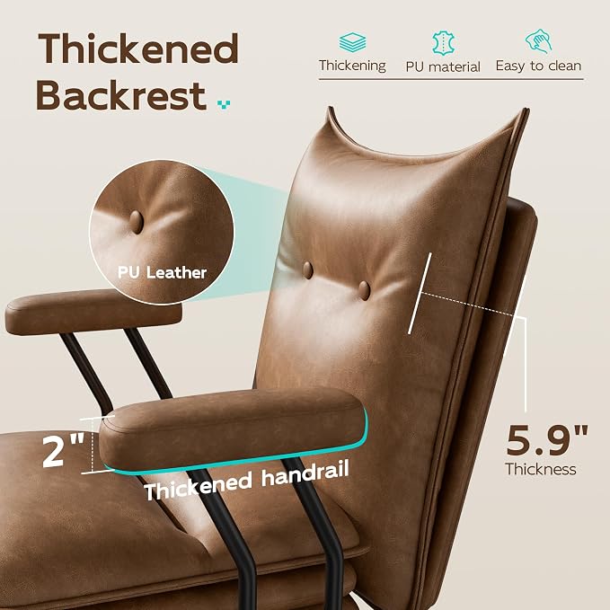 Brown Leather Office Chair with Triple-Layer Seat, Home Desk Chair | Comfy 7.3-inch Thick Cushion, Mid Back Ergonomic Support for Long Hours, Smooth Silent Wheels, Mid-Century Vintage Style