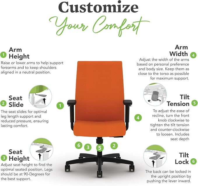 HON Ignition 2.0 Ergonomic Office Chair with Adjustable Arms, Standard Synchro‑Tilt Recline, Upholstered Desk and Computer Chair for Home Office or Workstation, Black Frame, Apricot