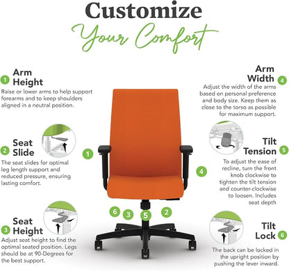 HON Ignition 2.0 Ergonomic Office Chair with Adjustable Arms, Standard Synchro‑Tilt Recline, Upholstered Desk and Computer Chair for Home Office or Workstation, Black Frame, Apricot
